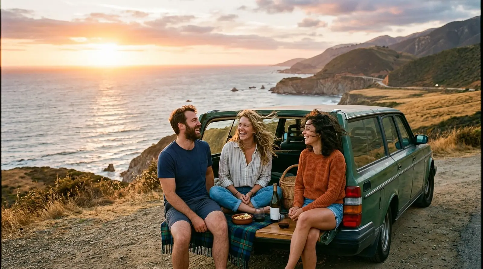 Three friends laughing on the tailgate of a car above the sea at sunset