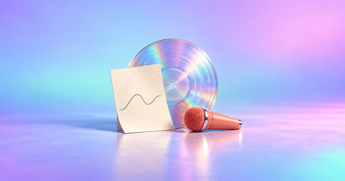 A cream paper note with a single wavy pencil line resting against a translucent iridescent glass vinyl record and a small coral microphone.