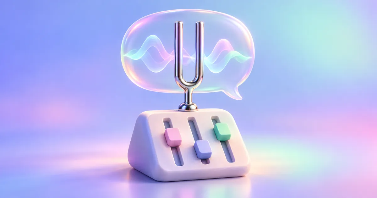 A frosted-glass speech bubble shape floating above a chrome tuning fork and three pastel sliders on a small sculptural mixing block.