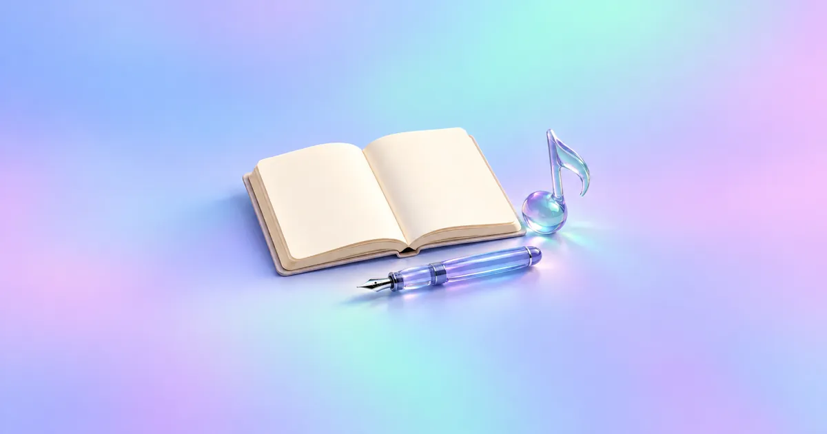 A blank cream notebook open beside a periwinkle glass fountain pen and a small translucent music-note sculpture.