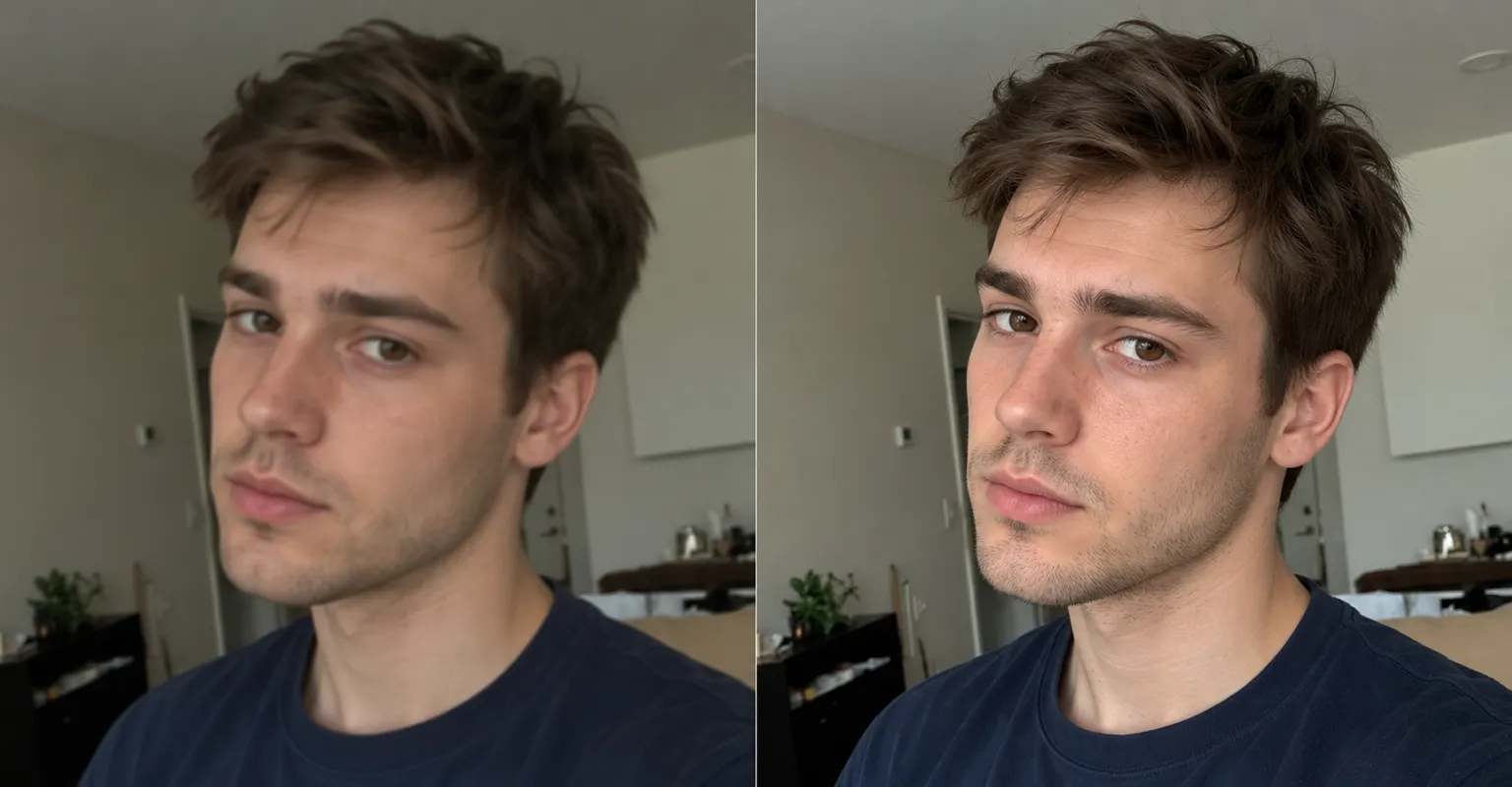 Before and after: a dim, blurry indoor photo of a young man, then the same shot bright and sharp