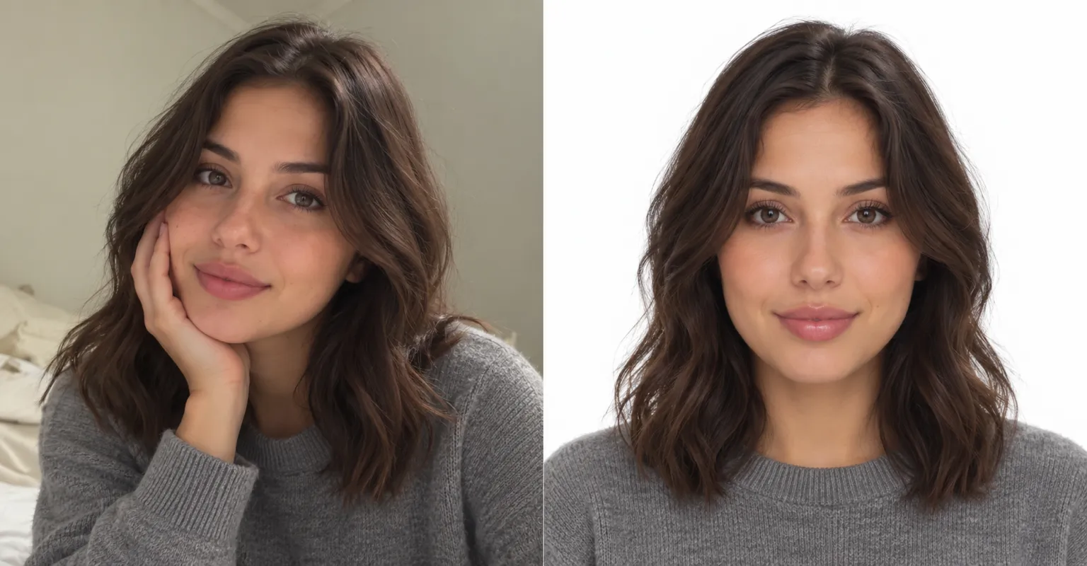 Before and after: a casual selfie of a woman with dark wavy hair, then a clean headshot on white