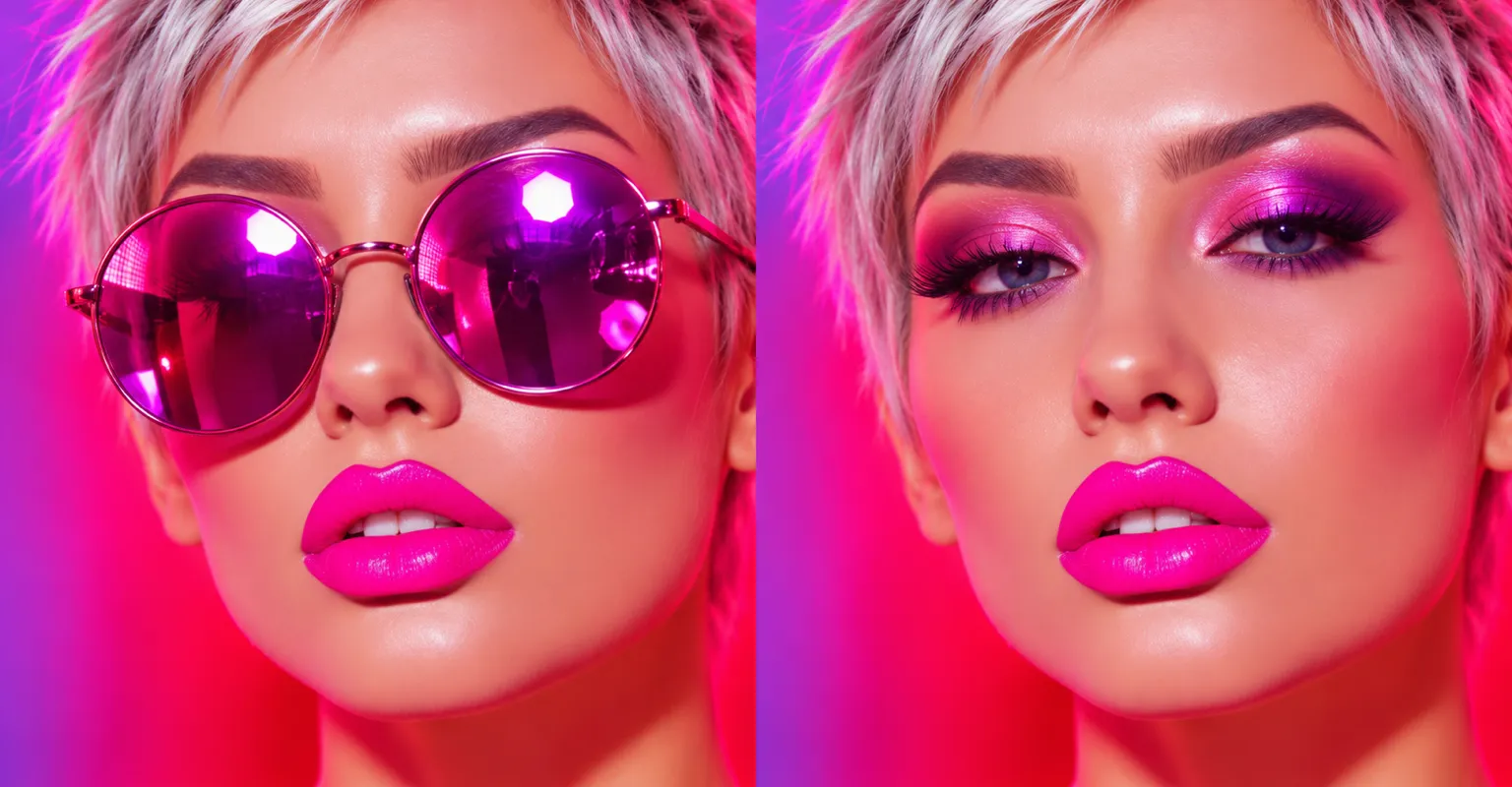 Before and after: a woman with a platinum pixie cut in pink mirrored sunglasses, then the same shot without them