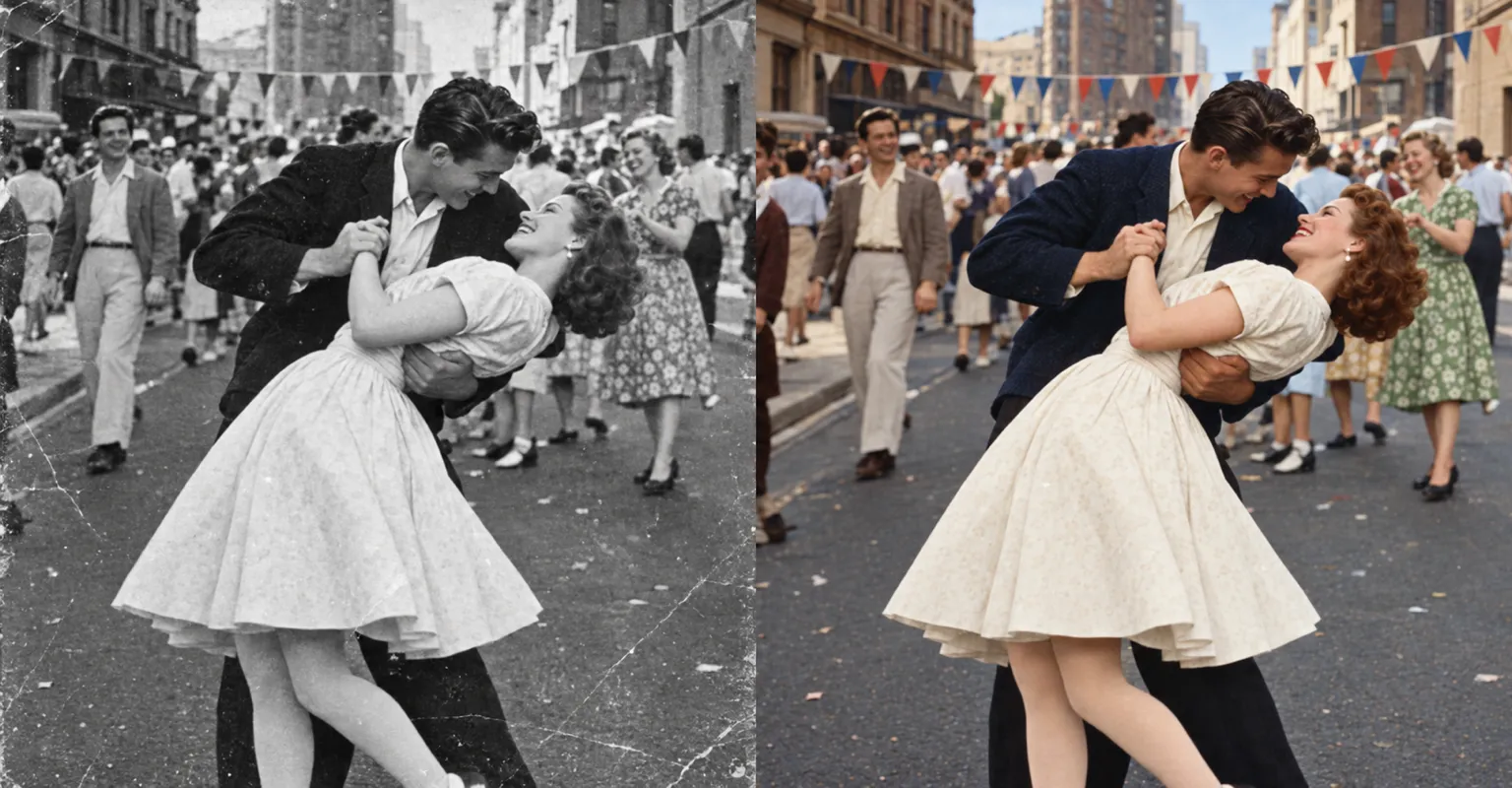 Before and after: a faded black-and-white photo of a couple dancing at a street party, then restored in color