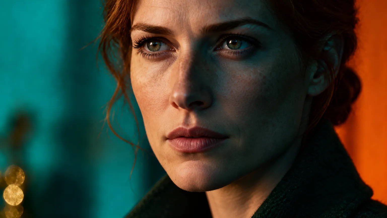 A woman with auburn hair in a dark green coat lit by teal and orange cinematic light