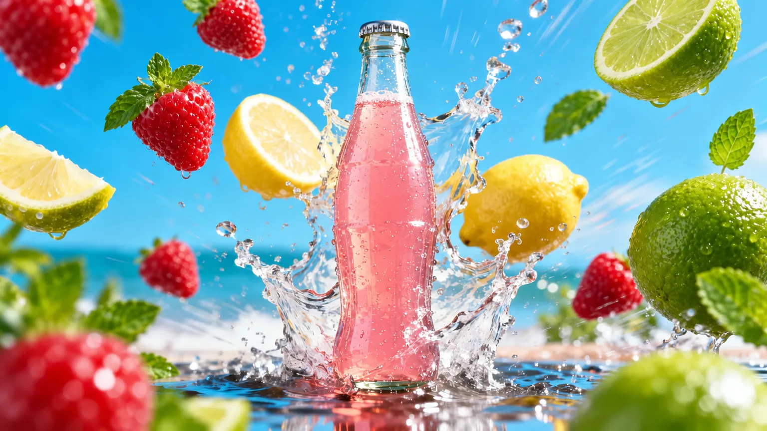 A clear bottle of pink lemonade bursting out of a splash with strawberries, lemons and limes on a beach