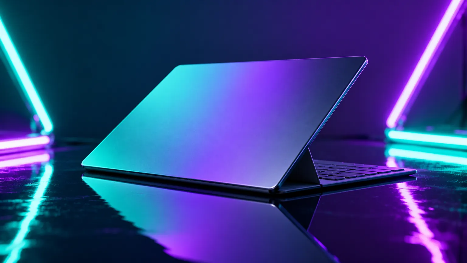 A slim open laptop on a glossy surface between teal and violet neon tubes