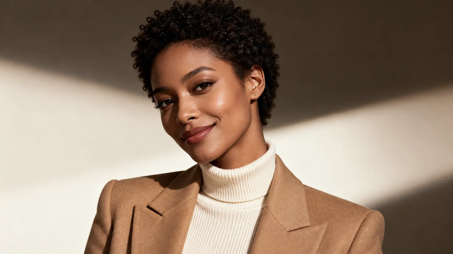 A smiling woman with short natural curls in a cream turtleneck and camel blazer against a warm studio wall