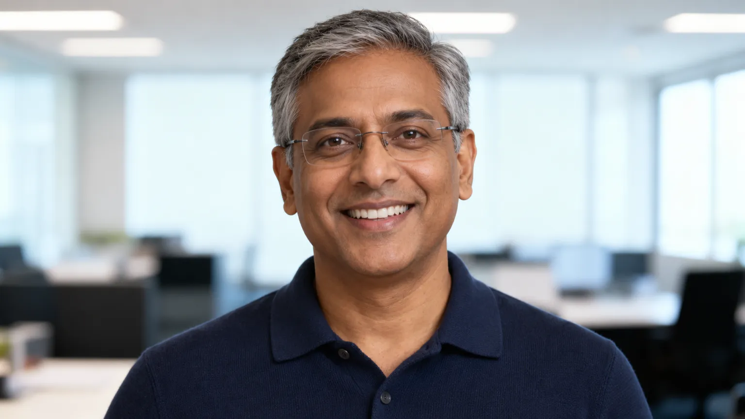A smiling man with short grey hair and rimless glasses in a navy polo in a bright office