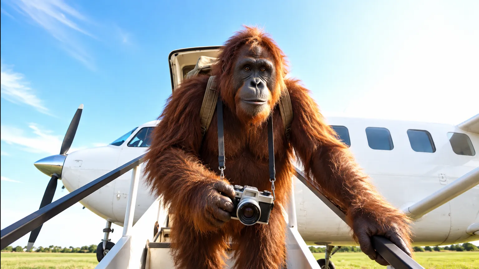 An orangutan with a film camera stepping off a small propeller plane