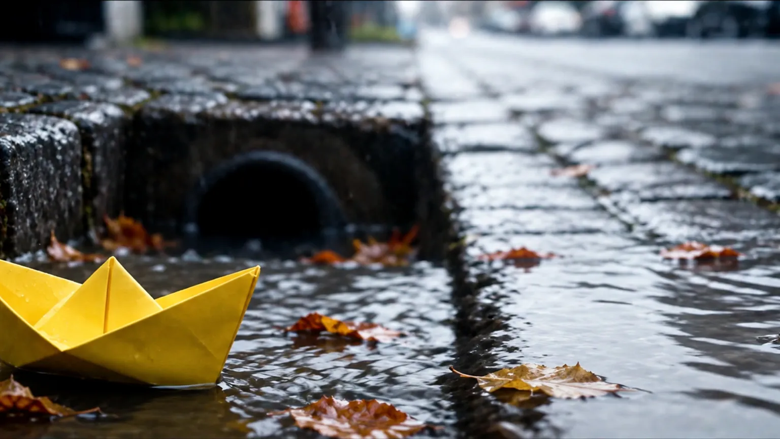 A yellow paper boat drifting down a rainy cobblestone gutter among autumn leaves