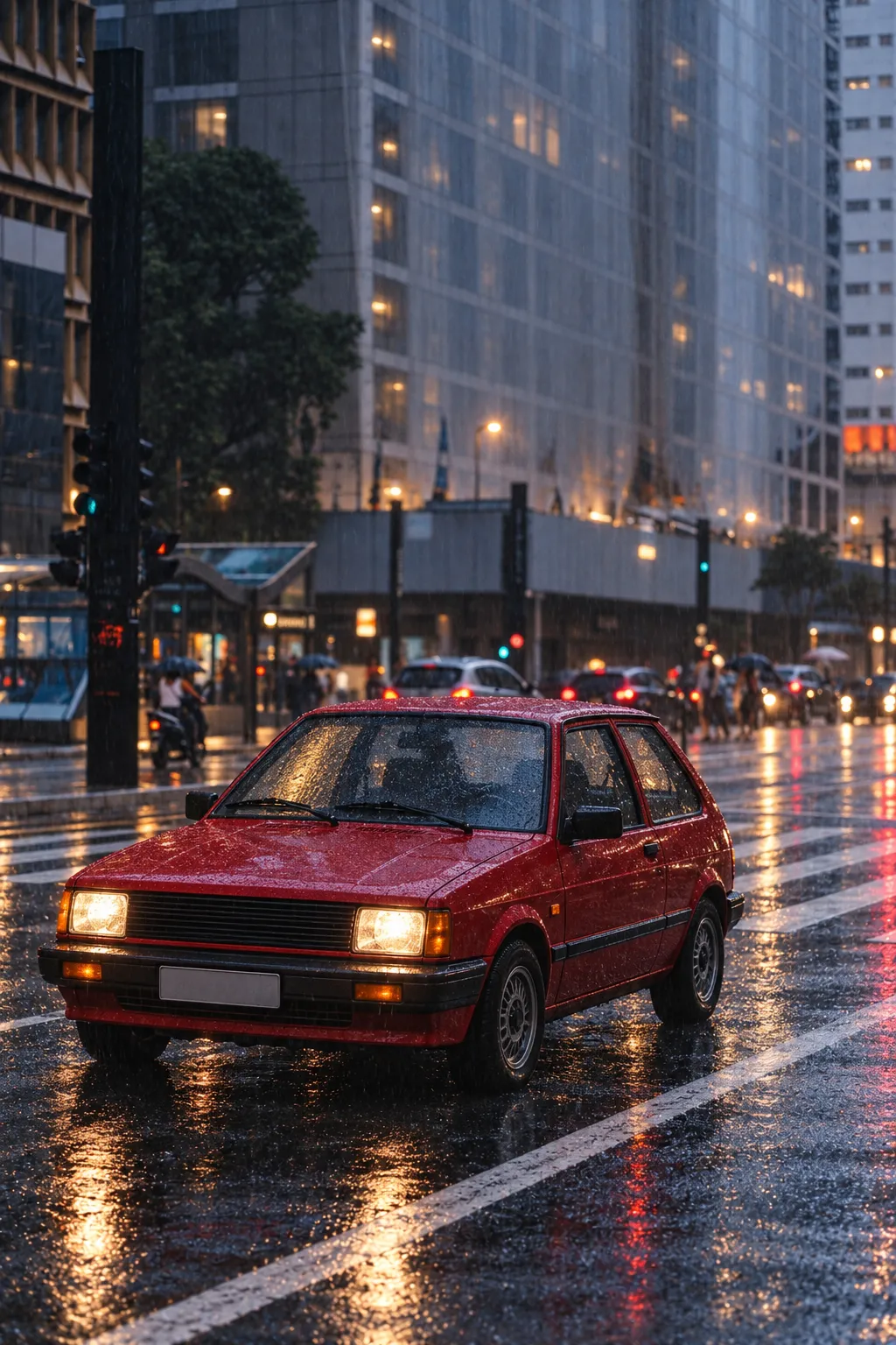 A red vintage hatchback on a wet city street at dusk