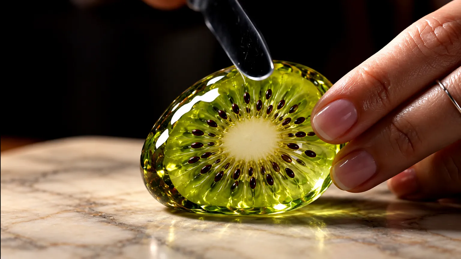 A hand slicing a kiwi made of glass on a pale marble board