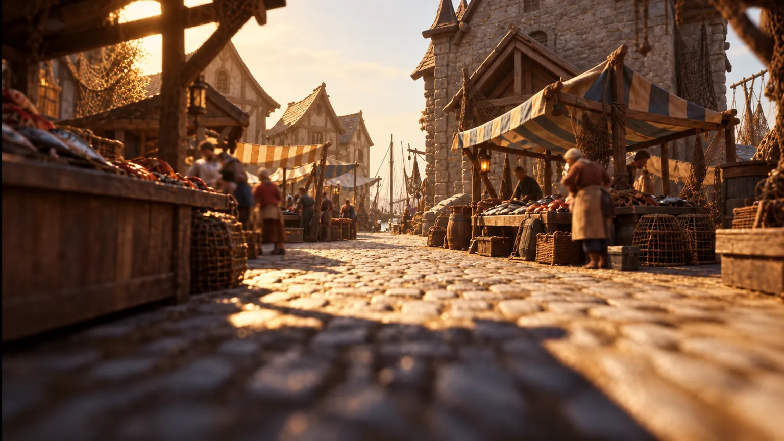 A low view racing down an old cobblestone market street lined with wooden stalls in golden light