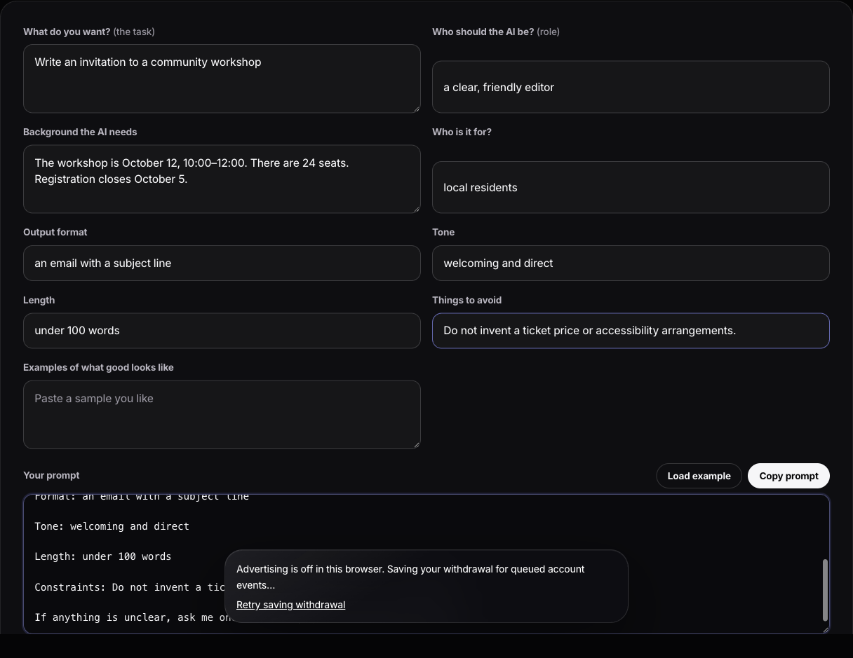 The ChatUp prompt generator filled with the fictional workshop example