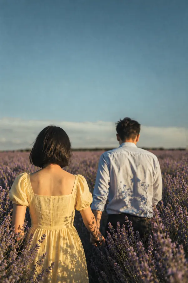 A couple walking hand in hand through a lavender field at sunset