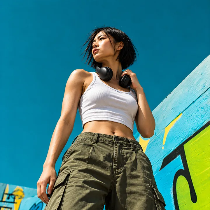 A woman with a black bob and headphones around her neck, against a bright mural